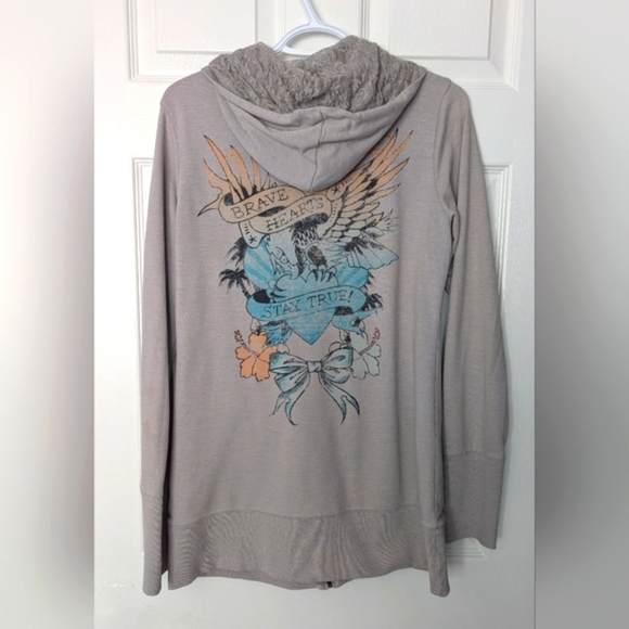 Vintage Ed Hardy Women's (Large) Slim Long Zip-Front Hoodie With Graphics & Lace - Picture 7 of 16